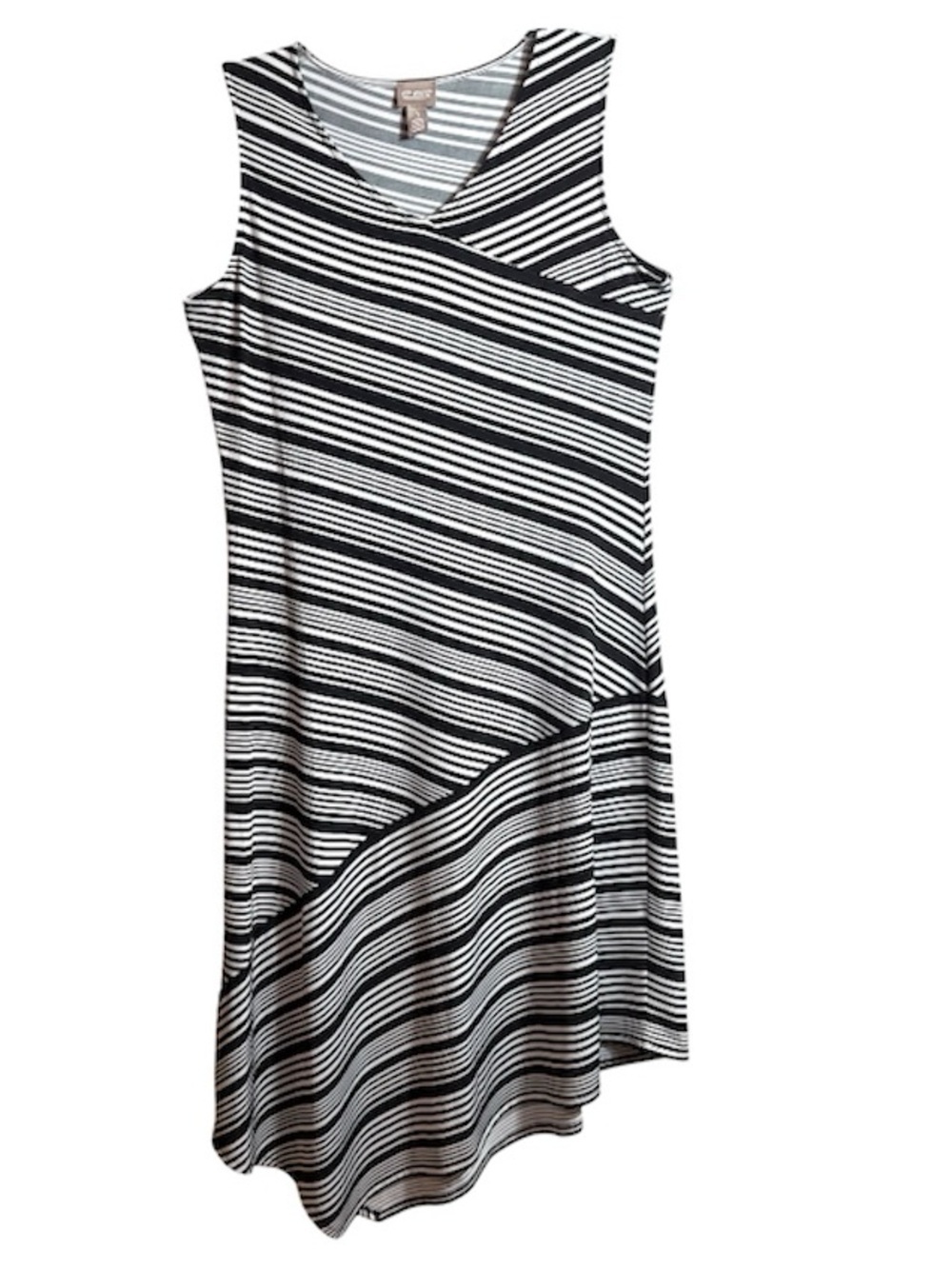 Chico’s Striped Asymmetrical Midi Dress Sleeveless Black White Size 1 US 8 - Picture 2 of 5